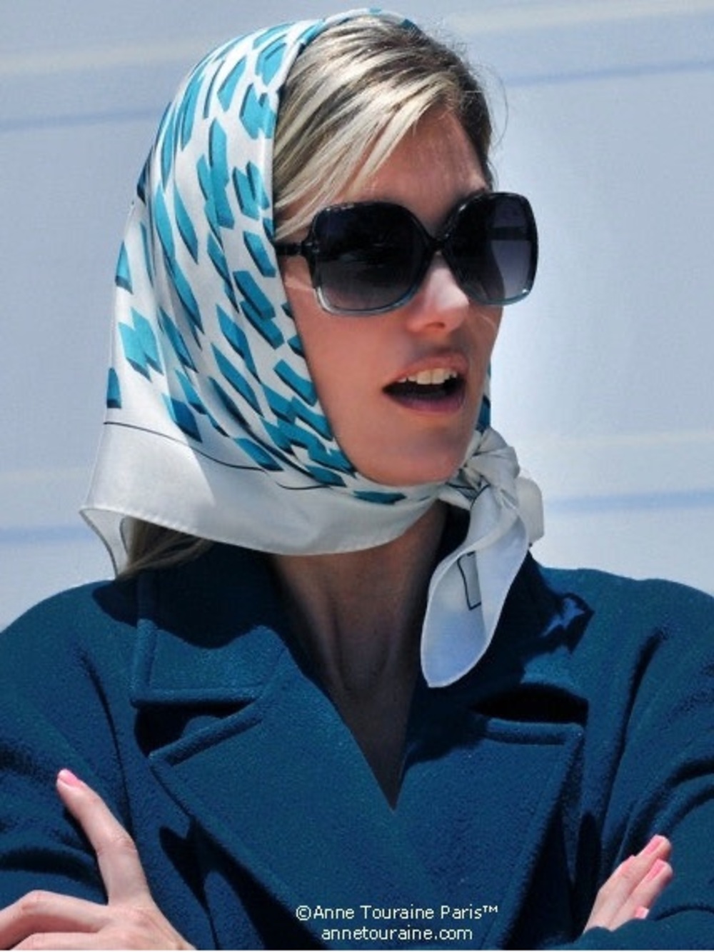 ANNE TOURAINE PARIS Qube French Silk Scarf Blue Made in France VGUC